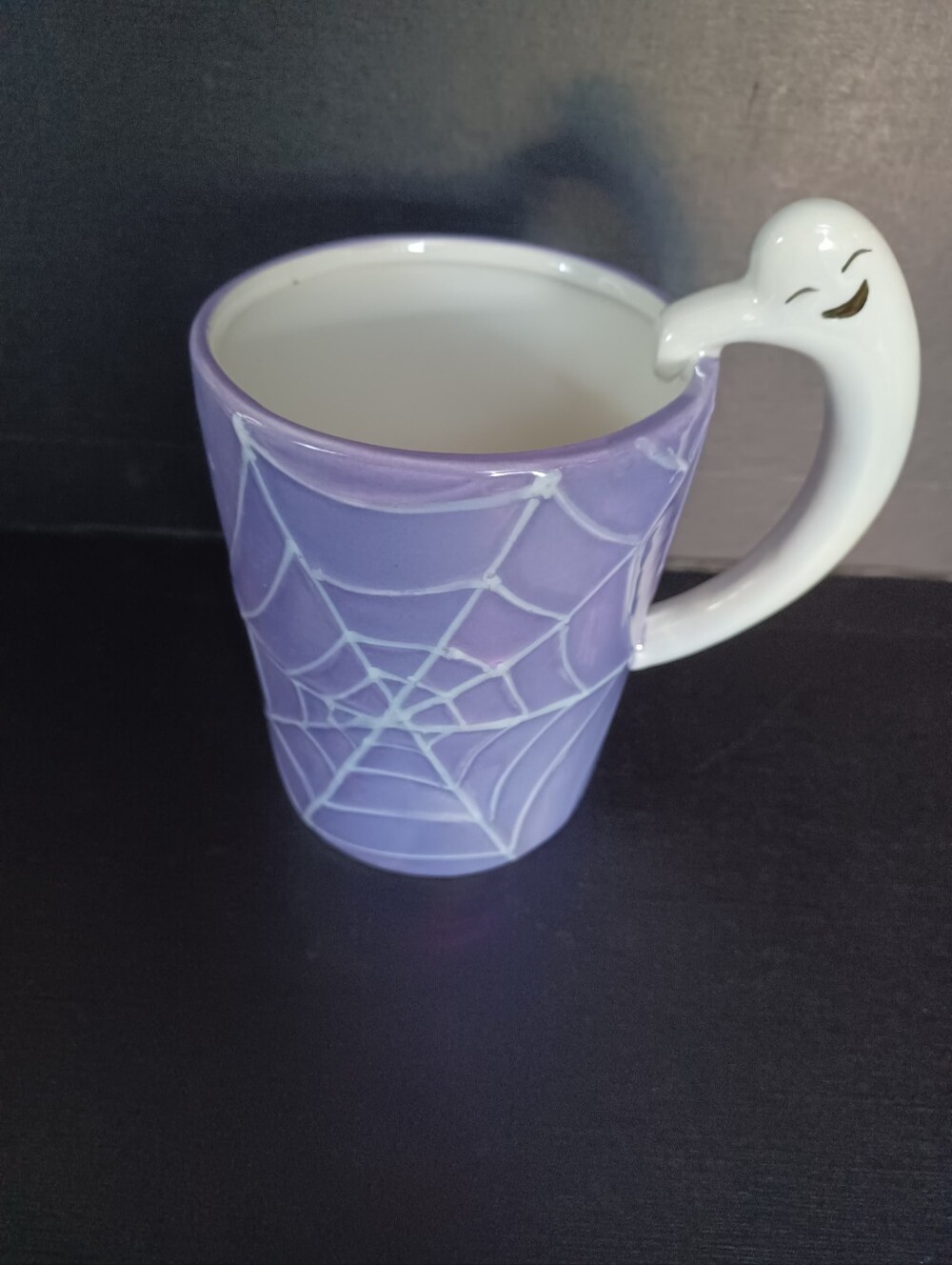 Happy Hauntings Purple Coffee Mug Grey Spiderweb with Ghost Handle 18 oz